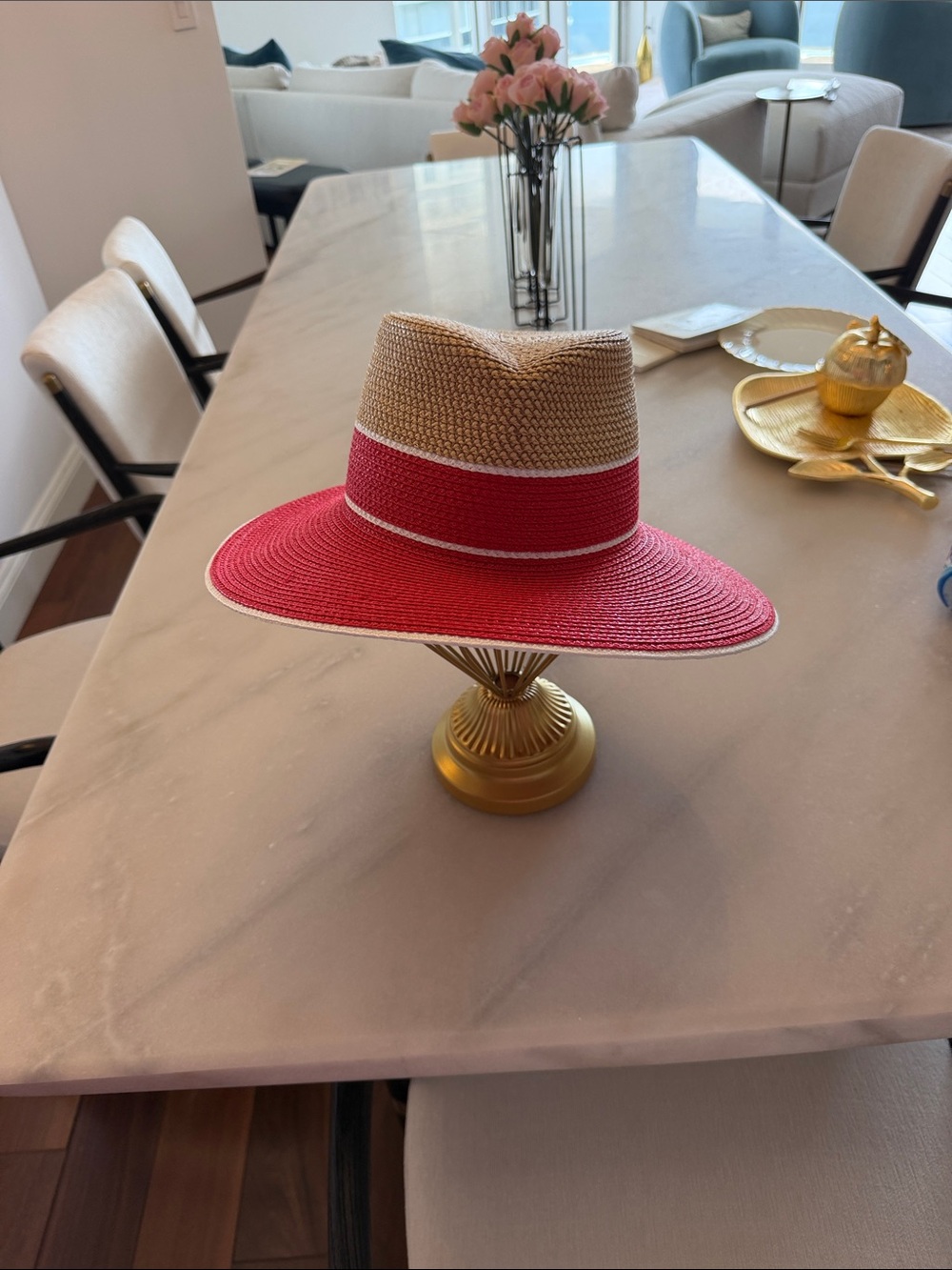 Eric Javits Two-Tone Straw Fedora with Pink Brim